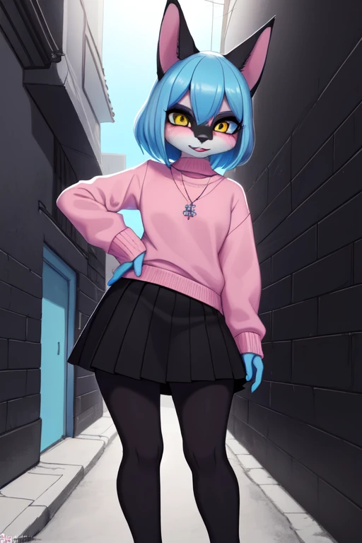 **Nombre del Personaje**: Max
**Especies**: anthropomorphic / Furry gato
**Pelaje**: Azul brillante azul fuerte  con acentos oscuros y amarillos
**expression**: Playful and energetic
**Vestimenta**: Sudadera amarilla  y negra 
**Postura**: Completa, mostrando todo el cuerpo hombre,sexy,pechos,grandes ,pink sweater, black skirt, dark alley
