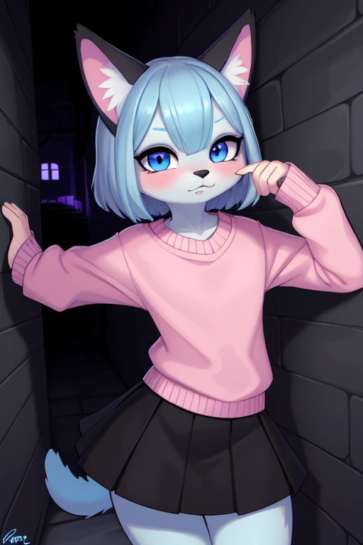 **Nombre del Personaje**: Max
**Especies**: anthropomorphic / Furry gato
**Pelaje**: Azul brillante azul fuerte con acentos oscuros y amarillos
**expression**: Playful and energetic
**Vestimenta**: Sudadera amarilla y negra
**Postura**: Completa, mostrando todo el cuerpo hombre,sexy,pechos,grandes ,pink sweater, black skirt, dark alley