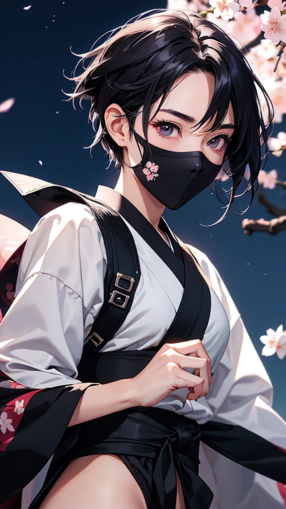 highest quality、Realistic、Night Sky、full moon、moonlight、cherry blossoms、Adult Woman、Japanese、zoom、look up、cute、Grey Eyes、Black Hair、Short Hair、Female ninja、Ninja、White underwear、Ninja sword on the back、Face close-up、slender