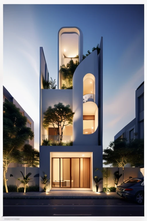 Exterior, morden town house, curve House, 1 road in front of the house, blue sky, dynamic light, best quality, wonder ful, masterpiece