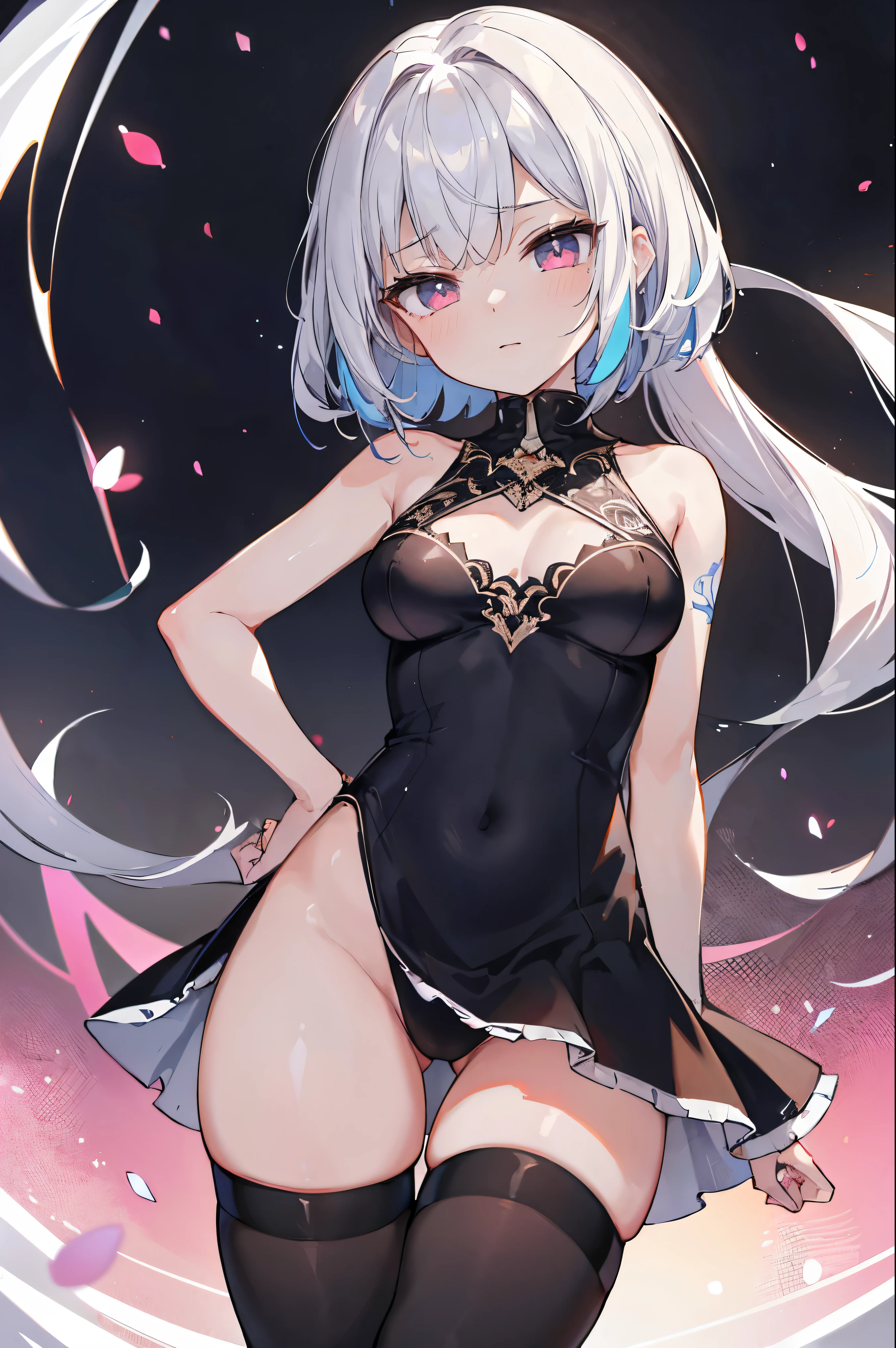 1girl, anime, cute girl, blank background, white background, fantasy, detailed fantasy dress with highlights, beautiful face, beautiful eyes, dark colors, black hair with multicolor streaks, red eye with different color pupil in eye, multicolor eye, medium breasts, slight cleavage, beautiful skin, cute, breast curtains, extremely delicate and beautiful, (beautiful detailed face:1.0), (detailed deep eyes), symmetrical breasts, deep eyes, shiny skin, portrait, slender waist, hips wider than shoulders, thighs, expressionless, young girl, luminous eyes, adorable,(Kpop idol),(aegyo sal:1),(Platinum blonde hair:1),((puffy eye)),Black panty,sexy posture,Superskirt, Ultra-high resolution,Black collar,slim figure, Abdominal y tattoo, womb tattoo,Tight-fitting leg ring,y tattoo on half-body,Bare skin, Armored hand,Hidden fingertips,Hand covered,Arm covered,Fist covered,{{beautiful detailed fingers}}, tufts of hair, moderate beautiful breast:1.0,(masterpiece:1.2), best quality, high-res, HDR, perfect face, intricate armor, delicate blue filigree, intricate filigree, red metalic parts, detailed part, dynamic pose, dynamic lights, cute face, neutral expression