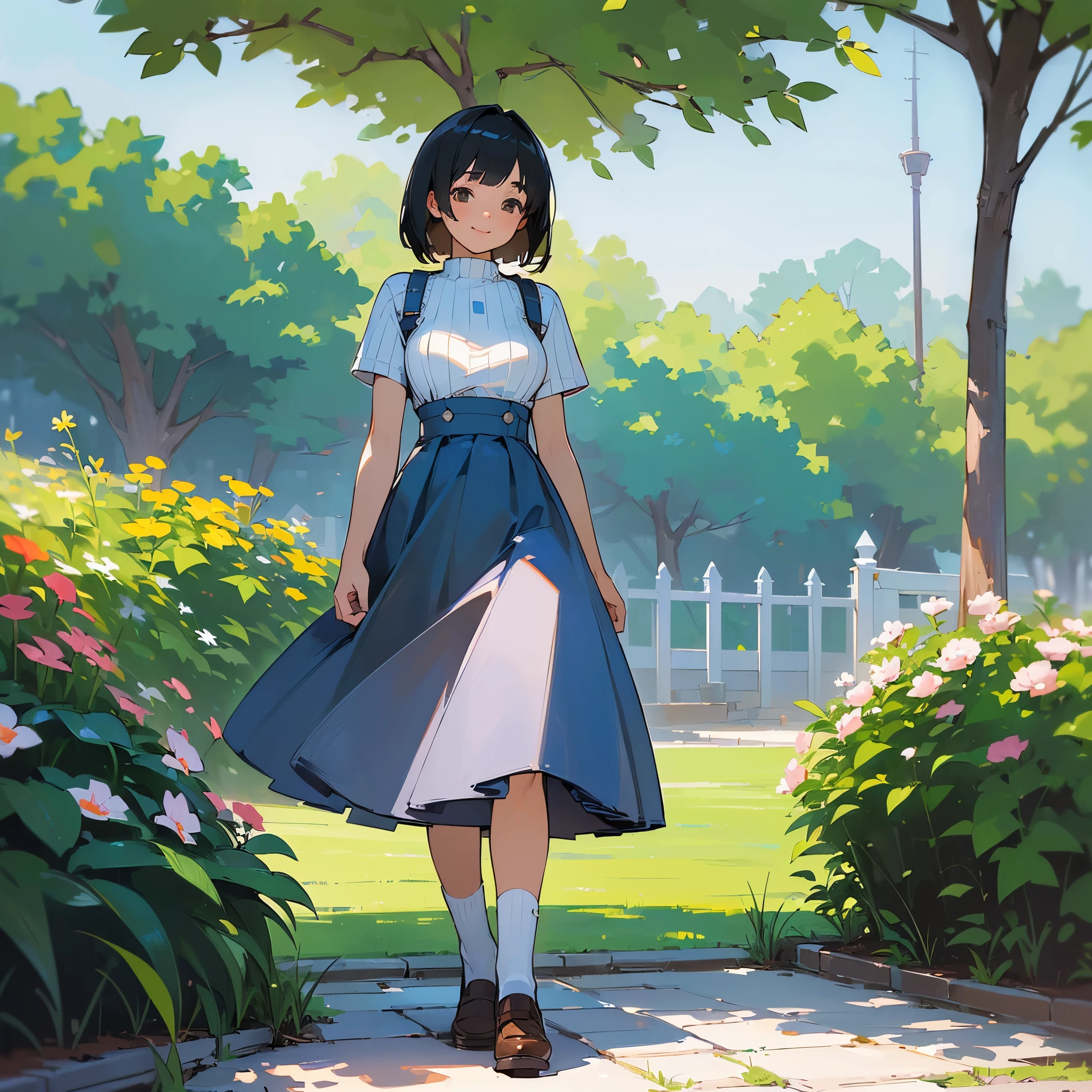 (high quality, High resolution, Very detailed, reality:1.37), Peaceful atmosphere, (Outdoor, garden), teenage girl standing alone, (my breasts are big.), Beautiful detail features, Cute Smile, (Black bob hair), Short sleeve ribbed sweater, Blue Skirt, White socks, Brown leather shoes.