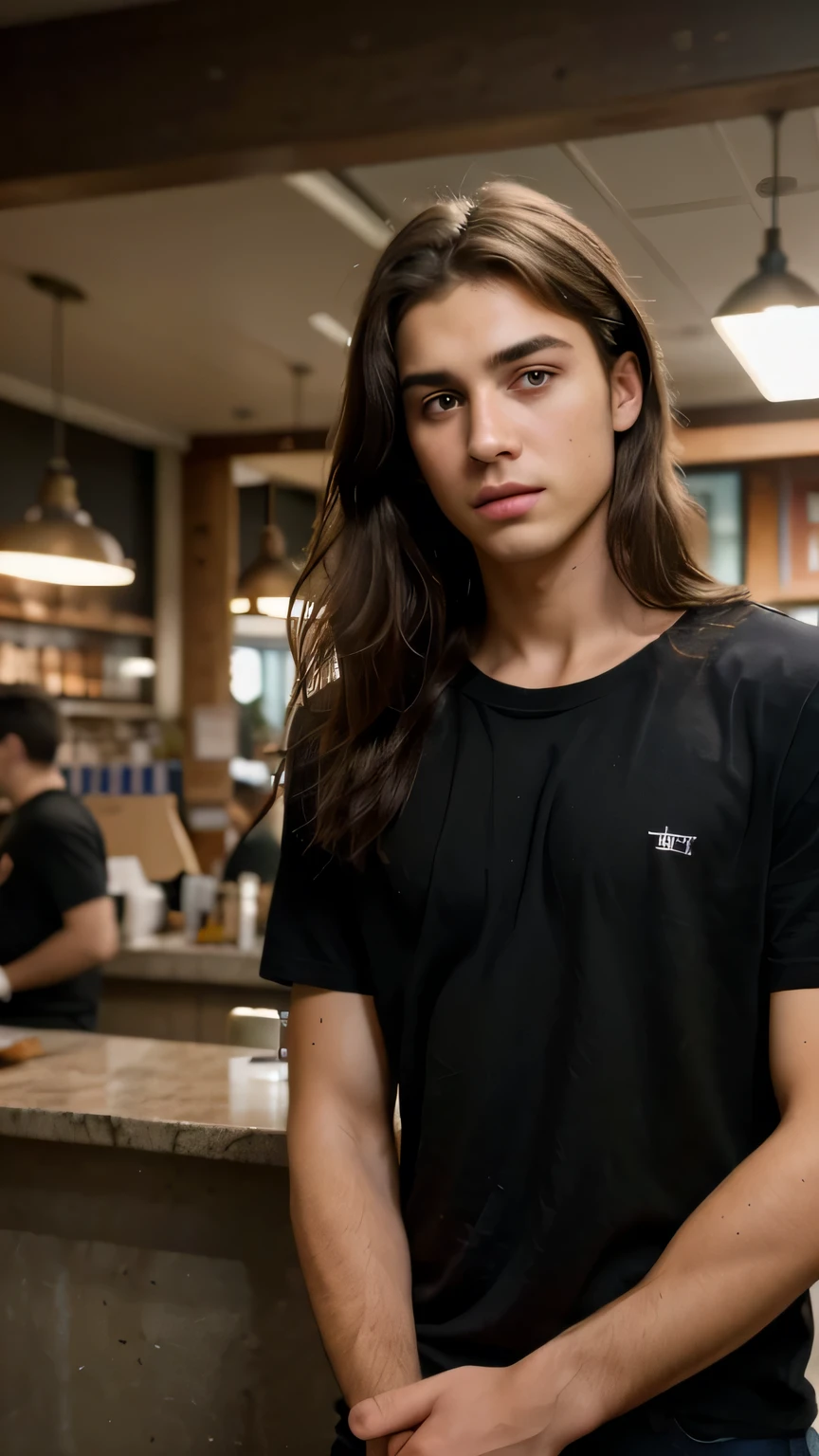 (8k, RAW photo, best quality, masterpiece:1.2), (realistic, photo-realistic:1.37), ultra-detailed, masterpiece HDR high quality Picture a young boy, 17 years old, handsome man, long black messy hair to his shoulder, sharp eyes, blue tshirt, standing at the trading room, expressing a sense of perplexity and curiosity, with a touch of humor, creating a warm and relaxed atmosphere, captured in high resolution (best quality, 4k), with ultra-detailed features, realistic colors, and a touch of bokeh, reminiscent of a candid snapshot.