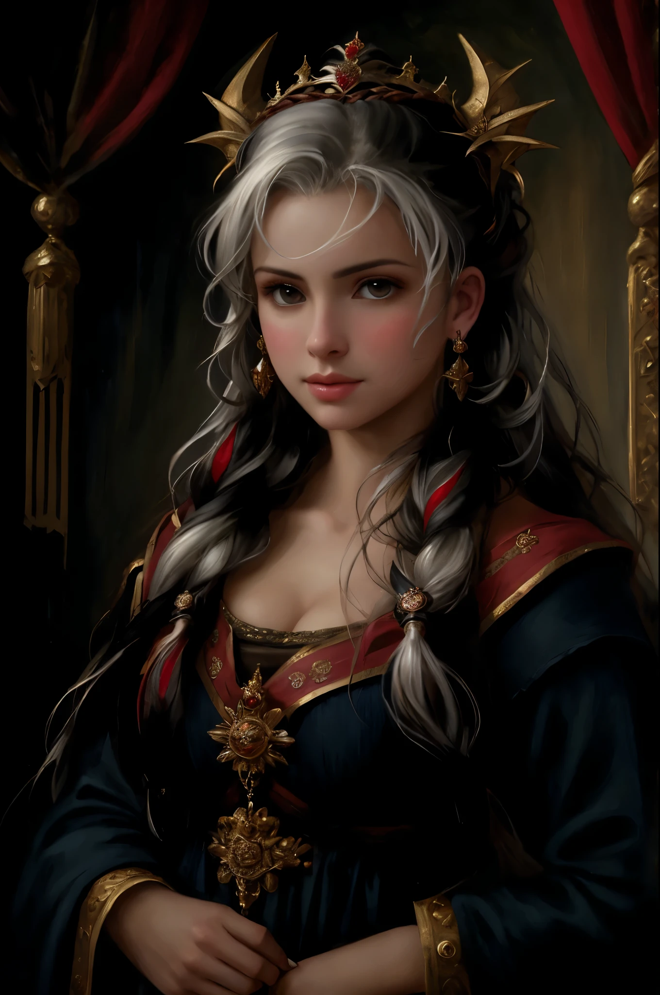 um close up de uma mulher usando uma coroa e um vestido preto, retrato da princesa, retrato de princesa, pintura de retrato de uma princesa, retrato de uma princesa, realistic Retrato renascentista, obra de arte! retrato de arwen, Retrato renascentista, pintura digital renascentista, princess Vulvine oil painting, fantasy genre portrait, retrato medieval, retrato de uma jovem imperatriz, renaissance oil portrait,masterpiece, highest quality, (perfect face:1.1) , (high detail:1.1), dramatic, female triplets, breasts, white hair, red eyes, cleavage, long hair, curvy, large breasts,([long hair hair]:1.8)