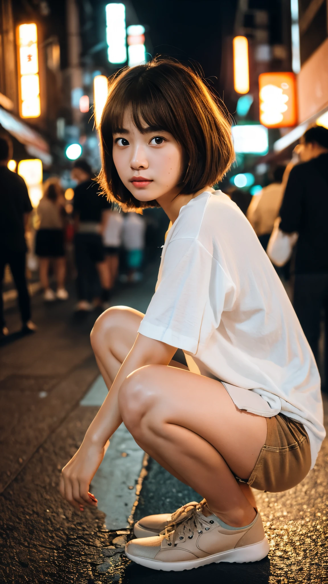 Full body view,(8k, highest quality, masterpiece: 1.2), Super detailed, highest quality, Ultra-high resolution, Depth of written boundary,(Super detailedな,Caustics),(Photorealistic:1.4,RAW shooting,)Ultra-Realistic Capture,(Very detailed,High definition 16K for human skin,The skin texture is natural,Skin appears even-toned and healthy),(Use natural light and colour,One Woman Wide Lighting,Natural Shading),Japanese,1 girl, Beautiful Eyes,short hair,14-year-old girl,cute,cute,brown hair,Street fashion,Tokyo,(Night lights:1.4),Crouching down and stretching my legs