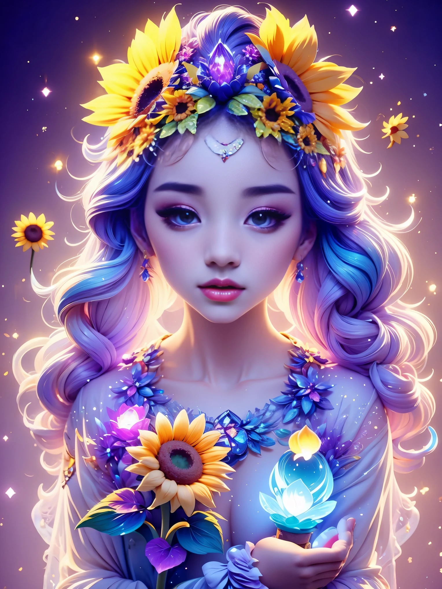 Chalk color style，(Glowing magical cute sunflower，The stamen is a cute little face)，8k，Rainbow Colors，Kawaii，cute big breasts，Digital art，high quality，Very detailed, Chalk color