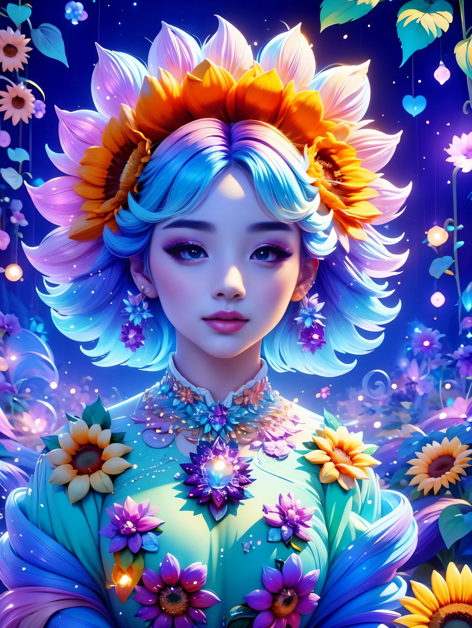 Chalk color style，(Glowing magical cute sunflower，The stamen is a cute little face)，8k，Rainbow Colors，Kawaii，cute big breasts，Digital art，high quality，Very detailed, Chalk color