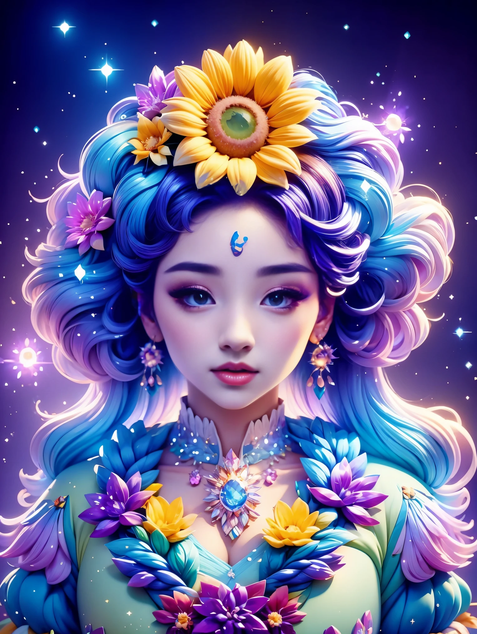 Chalk color style，(Glowing magical cute sunflower，The stamen is a cute little face)，8k，Rainbow Colors，Kawaii，cute big breasts，Digital art，high quality，Very detailed, Chalk color