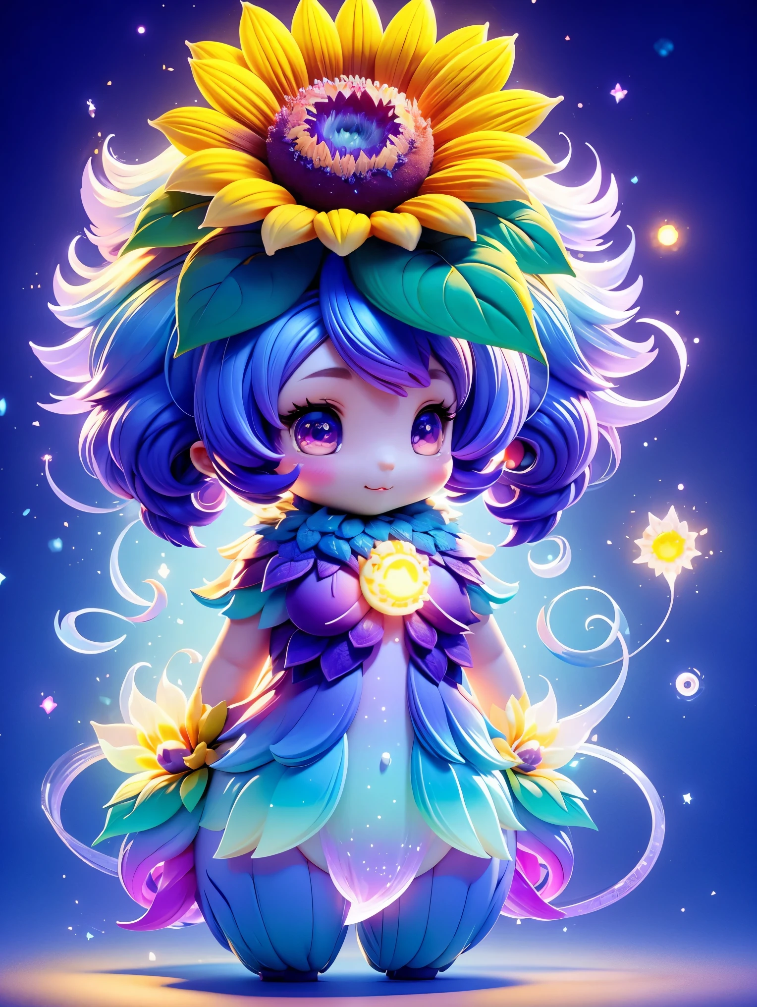 Chalk color style，(Glowing magical cute sunflower，The stamen is a cute little face)，8k，Rainbow Colors，Kawaii，cute big breasts，Digital art，high quality，Very detailed, Chalk color