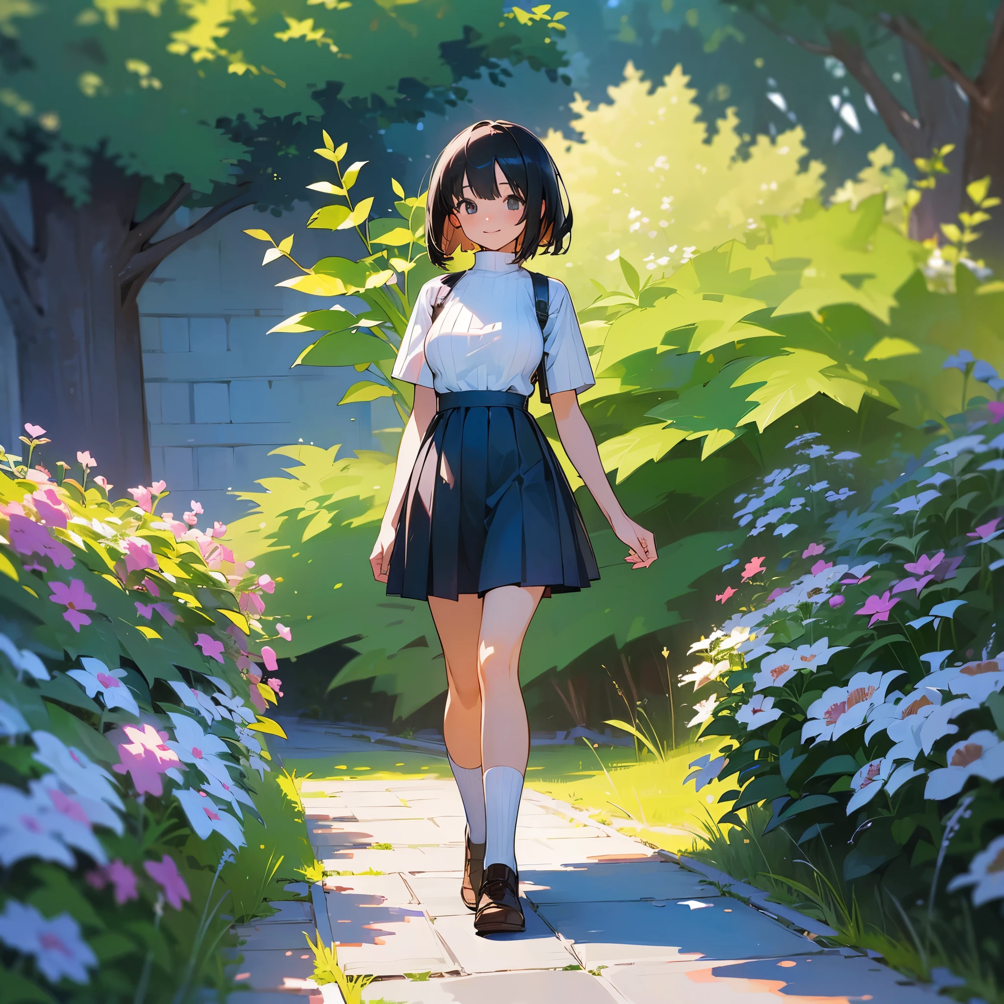 (high quality, High resolution, Very detailed, reality:1.37), Peaceful atmosphere, (Outdoor, garden), girl standing alone, (my breasts are big.), Beautiful detail features, Cute Smile, (Black bob hair), Short sleeve ribbed sweater, Blue Skirt, White socks, Brown leather shoes.
