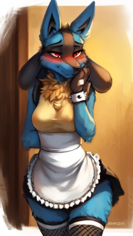 uploaded the e621, beautiful and detailed portrait of a female Lucario, kenket, Ross Tran,ruan jia, uploaded to e621, zaush, foxovh, zenematic lighting, Furry, Lucario, Anthro, Female, (half-closed eyes), (red eyes), (medium breasts, hips), (blue fur), (maid dress, Fishnet stockings, maid wristband), hands on face, blushing, (nervous)