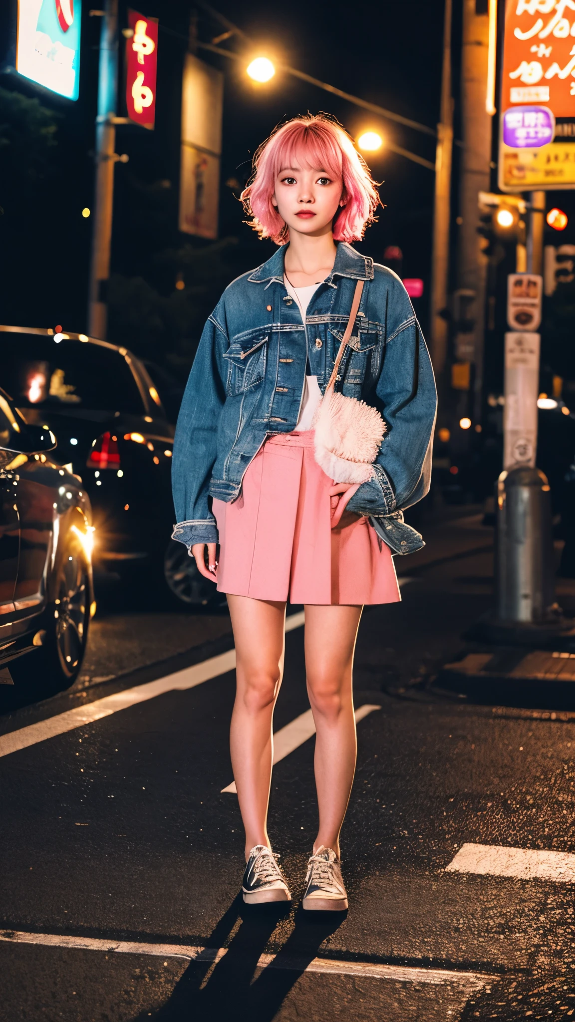 Full body view,(8k, highest quality, masterpiece: 1.2), Super detailed, highest quality, Ultra-high resolution, Depth of written boundary,(Super detailedな,Caustics),(Photorealistic:1.4,RAW shooting,)Ultra-Realistic Capture,(Very detailed,High definition 16K for human skin,The skin texture is natural,Skin appears even-toned and healthy),(Use natural light and colour,One Woman Wide Lighting,Natural Shading),Japanese,1 girl, Beautiful Eyes,short hair,14-year-old girl,cute,cute,Pink Hair,Street fashion,Tokyo,(Night lights:1.4),I'm stretching my legs