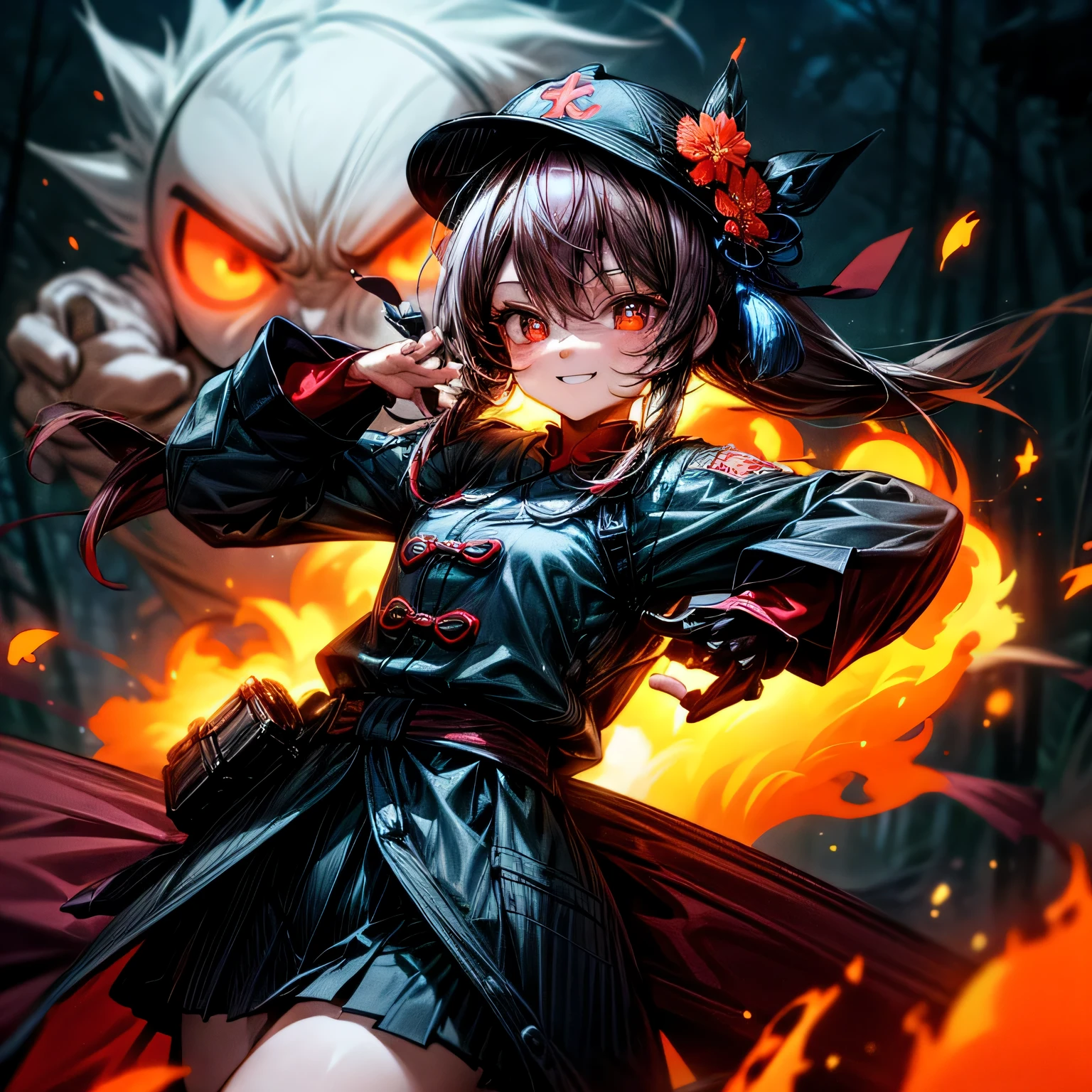 Cute, hd, anime, with pyro (fire) power and her ghost, night, with filter, zoom, beautiful red flower eyes, brown hair, cool, smile, wear hat, double ponytail, in Chinese forest