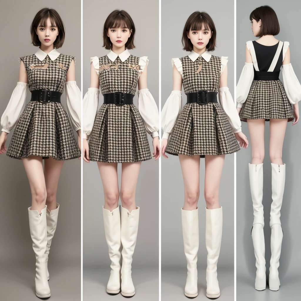 Standing in front of the viewer、masterpiece、Very detailed、Surreal、Watercolor and ink painting、high waist、Brown and dark brown houndstooth A-line dress、Dark piping、Puff sleeves、Super detailed、super beautiful、white straight short hair、Knee-high boots、Young woman dancing wearing、lean muscular body、Perfect Eyes Eyes、chara-sheet,
