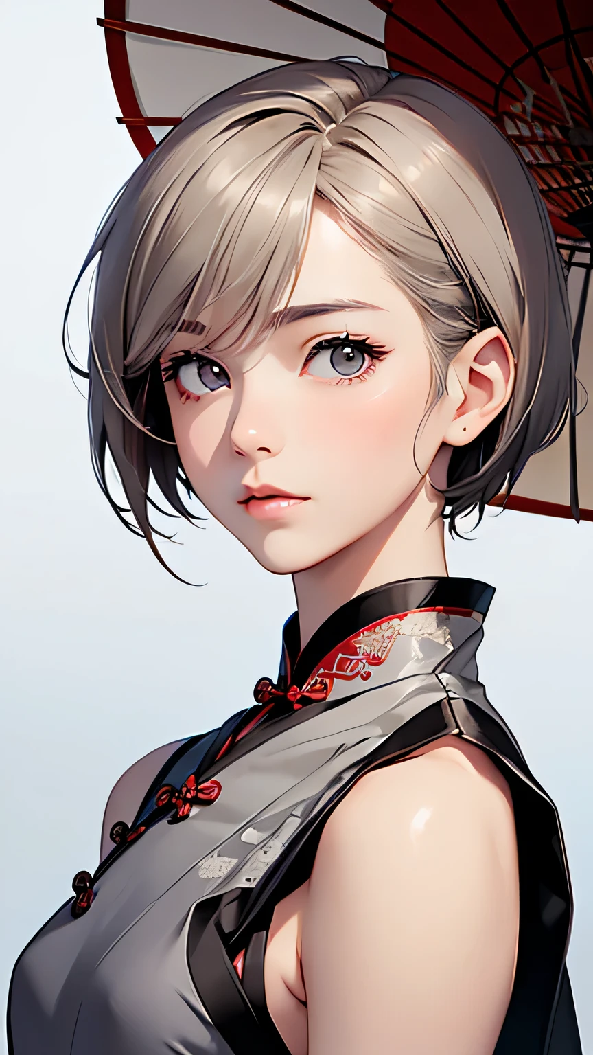 (high quality:1.2),realistic,Japanese zoom,women,looking up,cute,beautiful detailed grey eyes,chestnut hair,short hair,Chinese dress,slender,small breasts,upper body