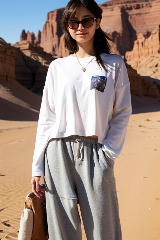((Best quality)), ((masterpiece)), ((realistic)), ((Best quality)), ((masterpiece)), ((realistic)), Girl walking in desert, looking tired, wearing Loose-fitting clothing Long-sleeved shirts and pants, Headgear, Sunglasses, very beautiful, in a natural and casual style on eye level, scenic, masterpiece, (highres), original, extremely detailed 8K , (photorealistic:1.4),flawless face, perfect eyes,symmetrica body shape,smile, 