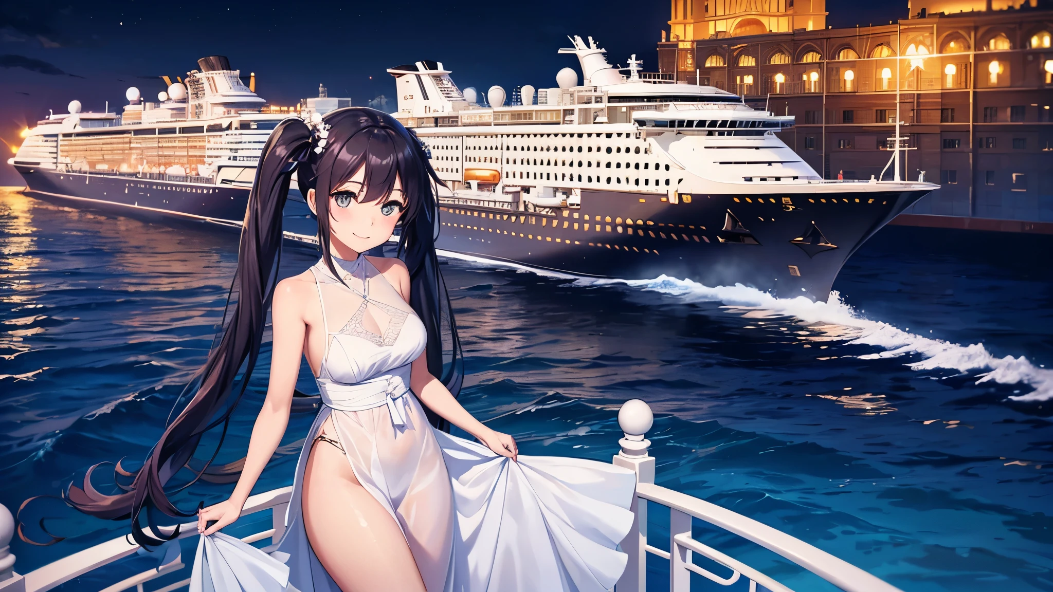 Take a round-the-world cruise on a luxury cruise ship A large luxury cruise ship passes right in front of you Beautiful girl looking at the cruise ship A port where large luxury cruise ships pass by Light blue long hair A beautiful girl with twin tails Bright smile Bright dress
