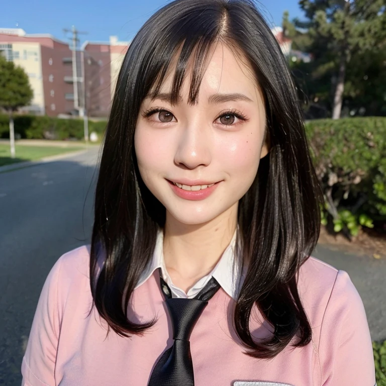 (kawaii 24year-old Japanese girl, Nogizaka idol, Korean idol), (glossy black hair, medium bob cut:1.3), (rounded face, black eyes, single eyelid, no makeup, big laughing:1.2), (wearing light pink collared shirt, necktie:1.3), (flat chest, extra small breasts:0.8), (looking at viewer:1.2), BREAK, (sunny day outside background:1.3), (view from vertically forward, portrait, close shot:1.3), BREAK, (masterpiece, best quality, photo realistic, official art:1.4), (UHD, 8K quality wallpaper, high resolution, raw photo, golden ratio:1.2), (shiny skin), professional lighting, physically based rendering, award winning, (perfect anatomy, highly detailed skin, extremely detailed face and eyes), Carl Zeiss 85 mm F/1.4, depth of field, 1girl, solo,