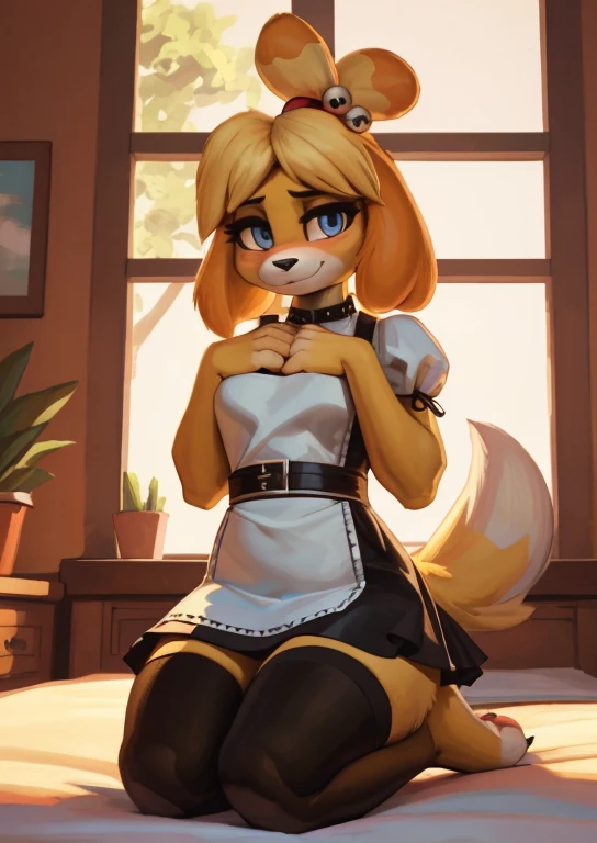 [isaCrossing], [Isabelle], [Animal Crossing], [Uploaded to e621.net; (Pixelsketcher), (wamudraws)], ((masterpiece)), ((HD)), ((high res)), ((solo portrait)), ((front view)), ((ass focus)), ((feet visible)), ((furry; anthro)), ((detailed fur)), ((detailed shading)), ((beautiful render art)), {anthro; (slim figure), yellow fur, black nose, (cute blue eyes), (blonde hair), (bells in hair), topknot, fluffy tail, (sharp black claws), (curvy hips), (beautiful legs), (beautiful feet), (blushing), (cute smirk)}, (nervous expression)}, {(red ribbon in hair), (maid dress), (black transparent thighhighs), (garterbelt straps)}, {(on bed), (kneeling), (hands on chest), (looking at viewer)}, [background; (bedroom), (window), (blue sky), (sun rays), (ambient lighting)]