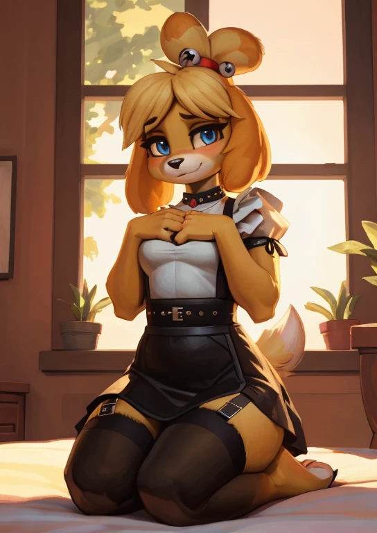 [isaCrossing], [Isabelle], [Animal Crossing], [Uploaded to e621.net; (Pixelsketcher), (wamudraws)], ((masterpiece)), ((HD)), ((high res)), ((solo portrait)), ((front view)), ((ass focus)), ((feet visible)), ((furry; anthro)), ((detailed fur)), ((detailed shading)), ((beautiful render art)), {anthro; (slim figure), yellow fur, black nose, (cute blue eyes), (blonde hair), (bells in hair), topknot, fluffy tail, (sharp black claws), (curvy hips), (beautiful legs), (beautiful feet), (blushing), (cute smirk)}, (nervous expression)}, {(red ribbon in hair), (maid dress), (black transparent thighhighs), (garterbelt straps)}, {(on bed), (kneeling), (hands on chest), (looking at viewer)}, [background; (bedroom), (window), (blue sky), (sun rays), (ambient lighting)]