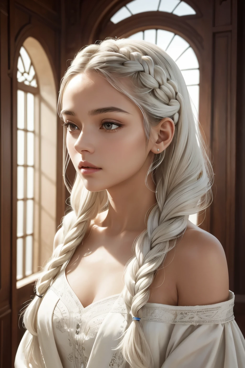 In this captivating masterpiece, a woman with white hair cascades down her shoulders in soft waves, framing her striking brown eyes that gleam with intelligence and mystery. She stands in the soft, warm light of a room, dressed in pristine white clothes that cling to her upper body, revealing the delicate details of her slender form. As she looks up towards the ceiling, a single hair strand drifts gracefully across her forehead, contrasting against her fair skin. The side braids on her head are intricately braided, adding to the lifelike realism of this photograph. With a sense of photorealism that transports you into the scene, every detail is captured in