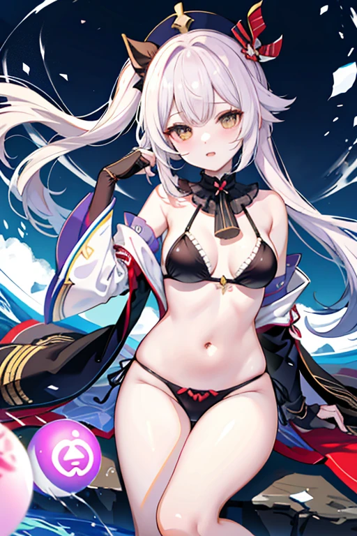 draw the anime character Emilia from Re:Zero. Emilia is lying down on a sofa with her arms upwards. Emilia is wearing a monokini swimsuit. Emilia is looking at the viewer. Emilia has white long hair and not wearing footwear