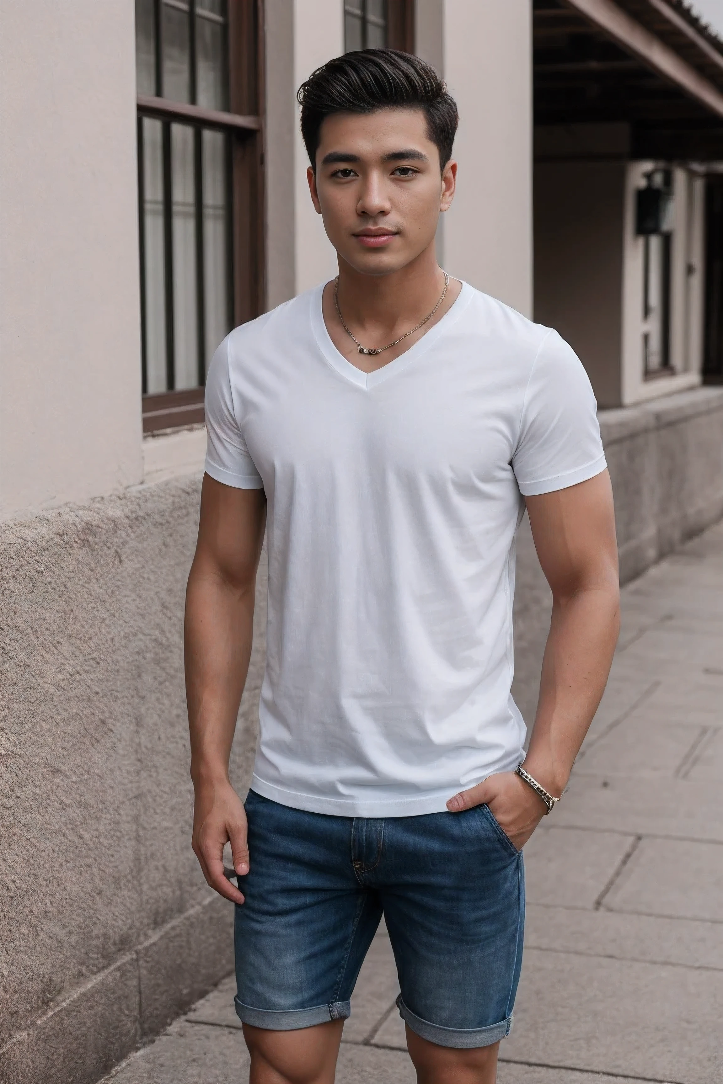 8k uhd, dslr, high quality , RAW photo, Realistic Photography , Full Body, Fujifilm XT3, Canon R5, Handsome Men, V-neck short sleeve t-shirt
