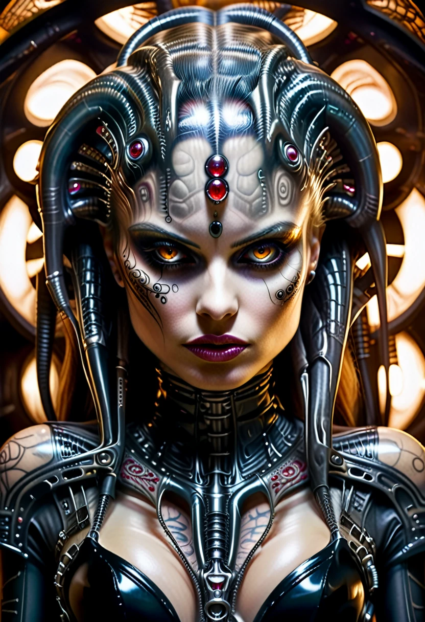 Hr giger tattooed sexy seductive dead girl, perfect face, hyper detailed ruby eyes, full body view,