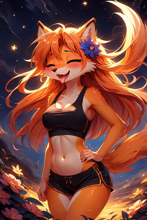 (masterpiece, beautiful), highly detailed, 8k uhd, intricate details, best quality, correct anatomy, vibrant lighting, HD, studio quality, uploaded on e621, shiny yellow furry female fox in an expressive pose, (from below), giantess, ecstatic, closed eyes, very long eyelashes, shiny, tears, anthro, snout, black sports bra, short shorts, narrow waist, raised shoulders, fluffy, flower, blush, fang, stomach, very long orange shiny windswept hair, animal earfluff, two-tone fur, breasts, long eyelashes, very long hair, happy, sky, night, stars, ground view, anime, cute, closed mouth, (tongue out), :3