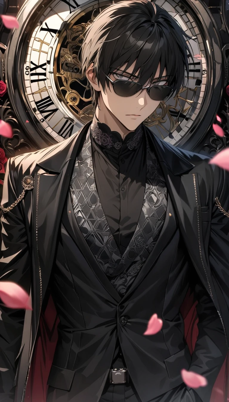 absurdres, highres, ultra detailed, HDR, masterpiece, extremely detailed face and eyes, perfect face, Wolfwood, black straight hair with bangs, expressive grey eyes, black sunglasses, Trigun, solo, sexy man, handsome, black coat, tight black shirt, patterns, pink roses, petals, in woderland, clock