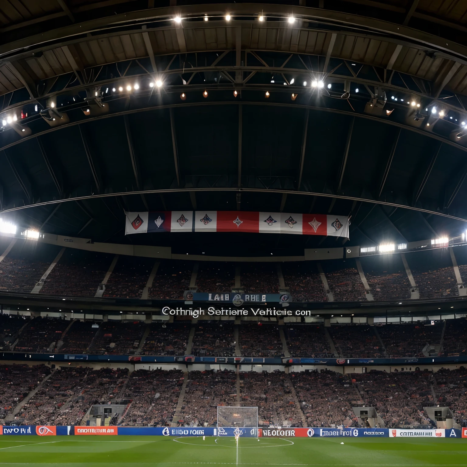 a gigantic scary PSG tifo at the Parc des Princes in the stands behind one of the goals, le stade est pleins de supporters déchaînés et le point de vue est environ au centre du terrain à hauteur des yeux