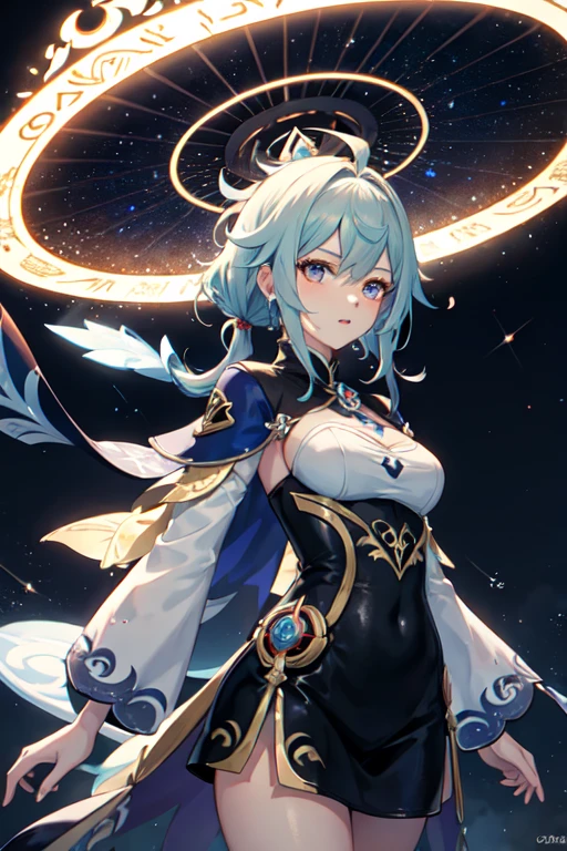 1 chica, ropa japonesa, cola de caballo ,pelo blanco, ojos morados, magic circle, fuego azul, llamas azules, fondo de pantalla, paisaje, Sangre, Sangre splatter, profundidad de campo, noche, light particles, rayos de luz, side lighting, muslos, destino \(serie\), impacto genshin, ****, chaqueta abierta, Falda, muslos, nube