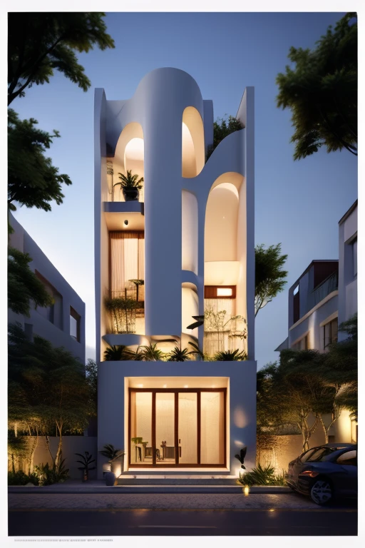 Exterior, morden town house, curve House, 1 road in front of the house, blue sky, dynamic light, best quality, wonder ful, masterpiece. The sun