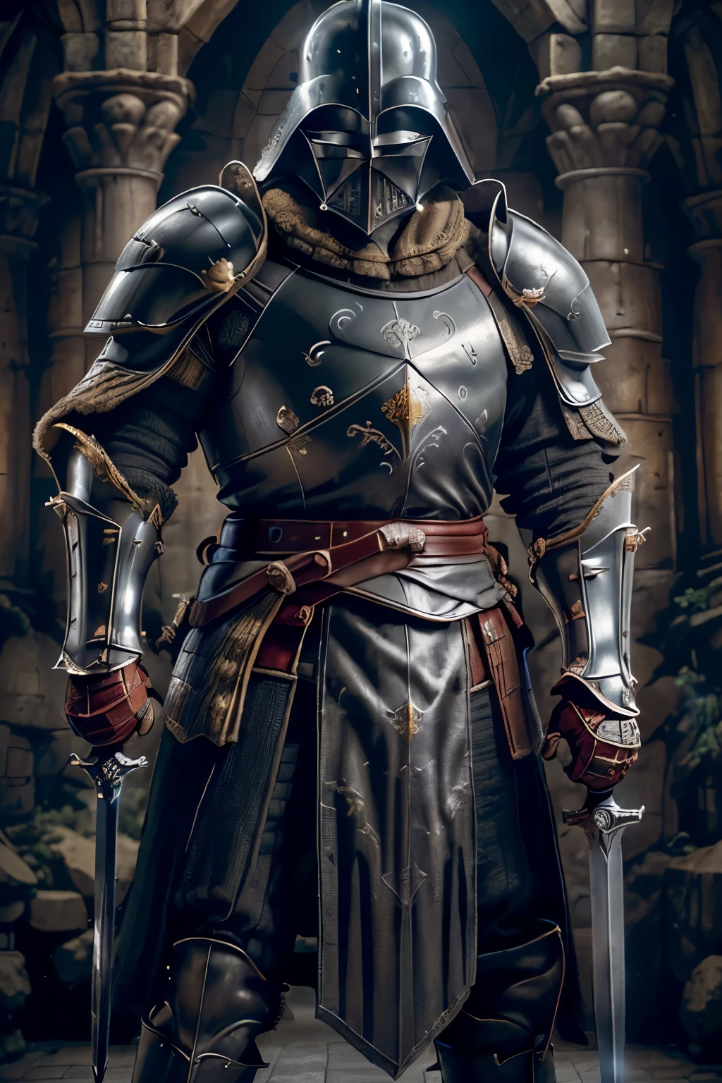 Picture Prompt: A thrilling showdown between Darth Vader and King Arthur
(Two iconic figures:1.5), (Darth Vader:1.3), (King Arthur:1.3), (Heavy breathing sound effects:1.2), (Medieval castle ruins:1.3), (Star Wars background:1.3), (Strategic poses:1.3), (Masked figure:1.3), (Regal attire:1.3), (Scarred face, intimidating expression:1.3), (Sword in hand:1.3), (Arthur's noble, powerful stance:1.3), (Detailed