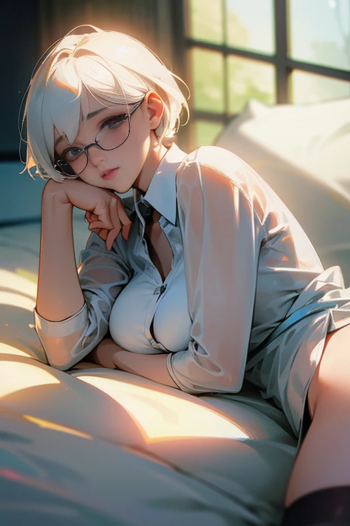 Gentle expression, Lying down, White glasses, Short white hair, (8k, RAW Photos, Realistic:1.25) ,( Lip gloss, eyelash, Glossy face, Shiny skin, highest quality, Ultra-high resolution , Depth of written boundary, chromatic aberration, Caustics, Wide Light, Natural Shadows, K-Pop Idols) She gazes at the viewer with a look of serenity and goddess-like bliss., whole body, Big Breasts, White underwear, Black Stockings, See-through shirt, White shirt, secretary