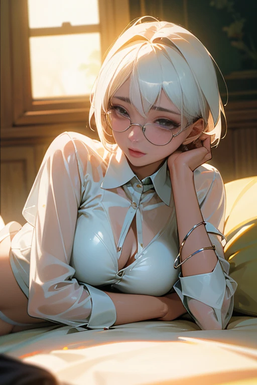 Gentle expression, Lying down, White glasses, Short white hair, (8k, RAW Photos, Realistic:1.25) ,( Lip gloss, eyelash, Glossy face, Shiny skin, highest quality, Ultra-high resolution , Depth of written boundary, chromatic aberration, Caustics, Wide Light, Natural Shadows, K-Pop Idols) She gazes at the viewer with a look of serenity and goddess-like bliss., whole body, Big Breasts, White underwear, Black Stockings, See-through shirt, White shirt, secretary