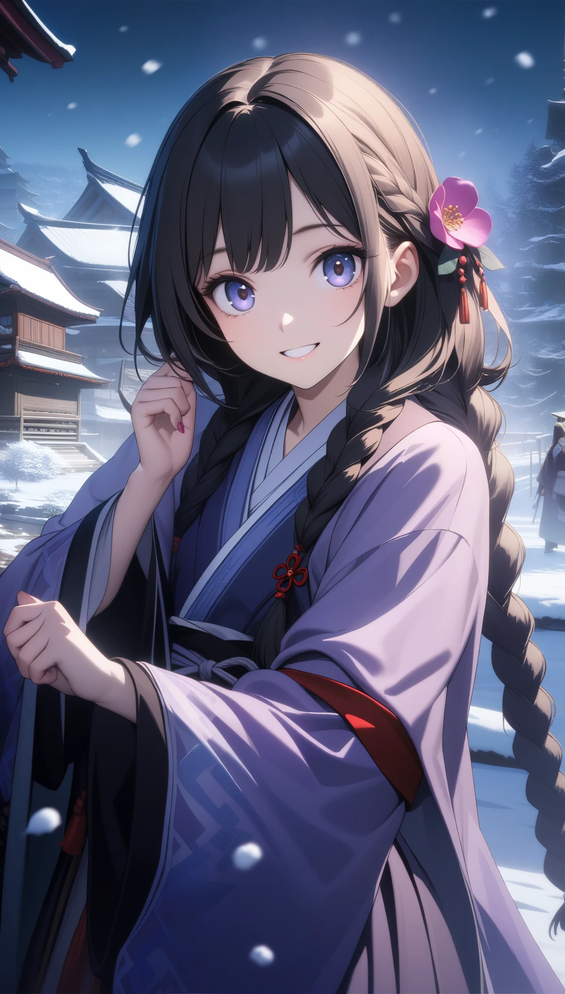 32k, best quality, ultra high res, HDR, UHD, extremely detailed CG, unity 32k wallpaper, Bright Purple Taoist Robe, hanfu long skirt, Big eyes, A masterpiece, an absolute beauty, 1 female, close. close, Healing Smile, Snow Scene, 4K quality, Twisted braid, princess hair style princess cut, simple hair accessories, Plum blossom, people々Once you see it, you can't forget its beauty.,