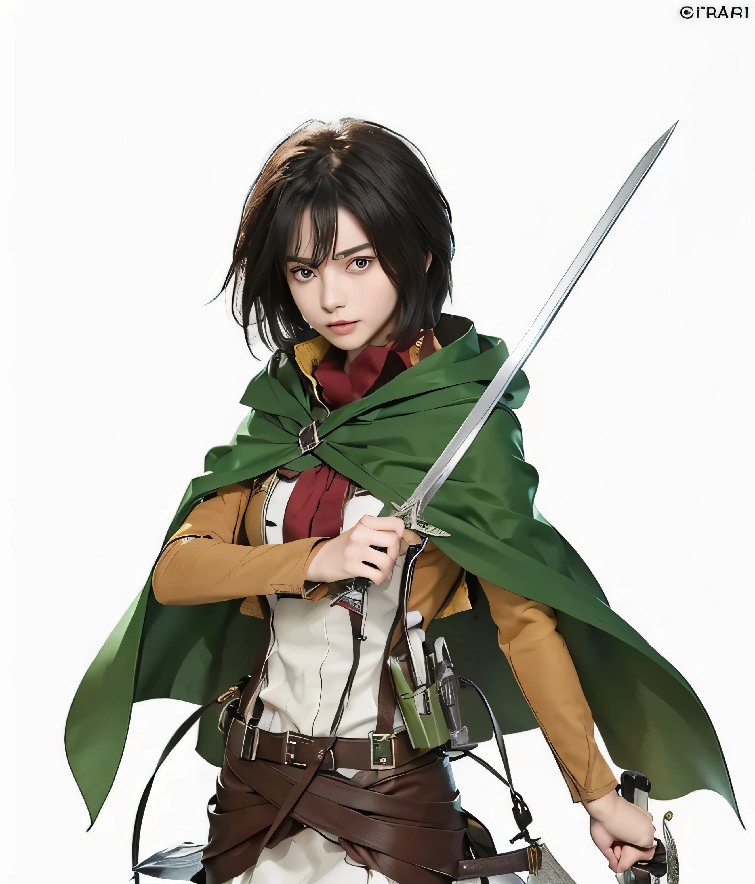 Beautiful girl close up of a person holding a sword and a green cape, mikasa ackerman,