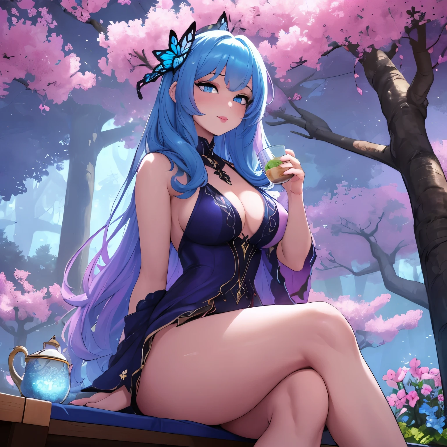 sparkling blue eyes, sitting in a blooming cherry blossom garden. The girl is surrounded by vibrant flowers and butterflies. She has a playful expression and is holding a cup of hot tea in her hands. The sunlight filters through the trees, creating a warm and dreamy atmosphere. The artwork should have high resolution (best quality, 4k, highres), and showcase ultra-detailed features of the girl's face and clothing. The style should be a combination of portraits and anime, with vivid colors and a touch of fantasy. The color tone should be bright and pastel, with soft lighting to enhance the magical ambiance.