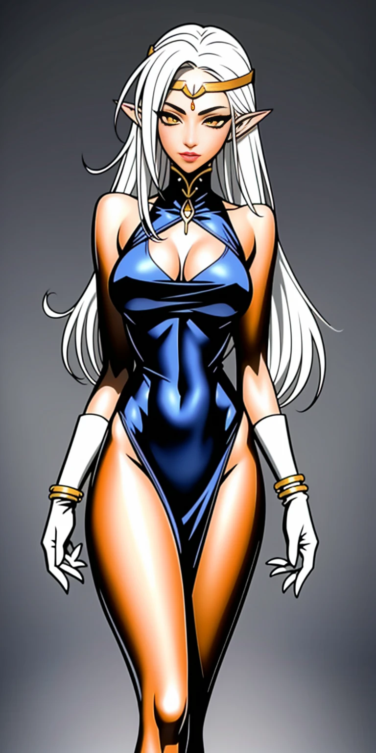 Pirotess, (yellow eyes), white hair, silver hair, very long hair, straight hair, solo, adult woman, tall, slightly muscular, large breasted, cleavage, constricted waist, toned body, slight abs, thin dark skin, pointy ears, lipstick, makeup, black eyeshadow, circlet, white short dress, jewelry, bracelet, white gloves, thigh boots