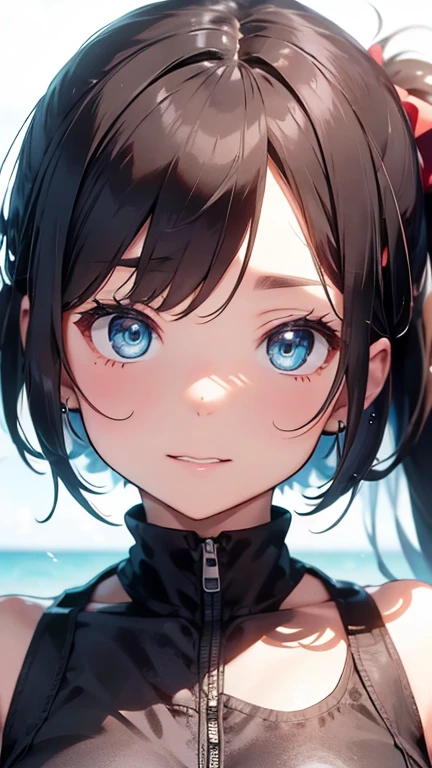 highest quality、Realistic、Women、Japanese、zoom、look up、cute、gym、Turquoise eyes、Chestnut Hair、ponytail、Bodysuits、leotard、Face close-up、Sweat、Gymnastics