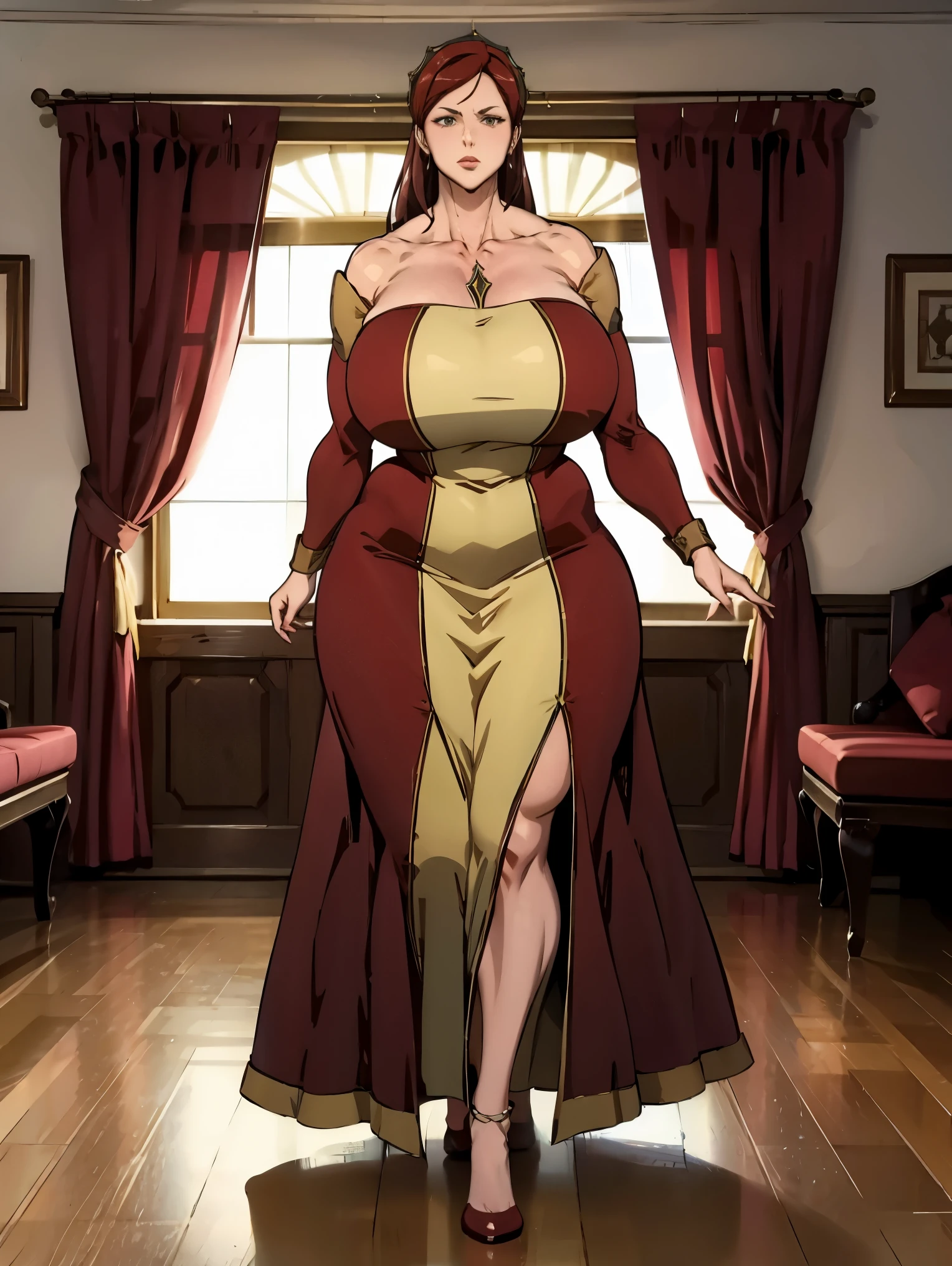 1girlxmanimen, stilletto high-heels, (midnight luxurious view of a nobility resident), hilda boreas greyrat, feisty woman, anime cels style, best quality, high resolution, 1girl, sweating, (huge breasts), fleshy build, big thick arms:1.75, beautiful face, soft mature expression:1.1, Beautiful long legs, Beautiful body, Beautiful Nose, Beautiful character design, deep red hair, long hair, bangs, amber eyes, cowboy shot, BREAK, (HILDA BOREAS GRYRAT'S LONG DRESS with bare shoulders - completely clothed), walking elegantly, -auto