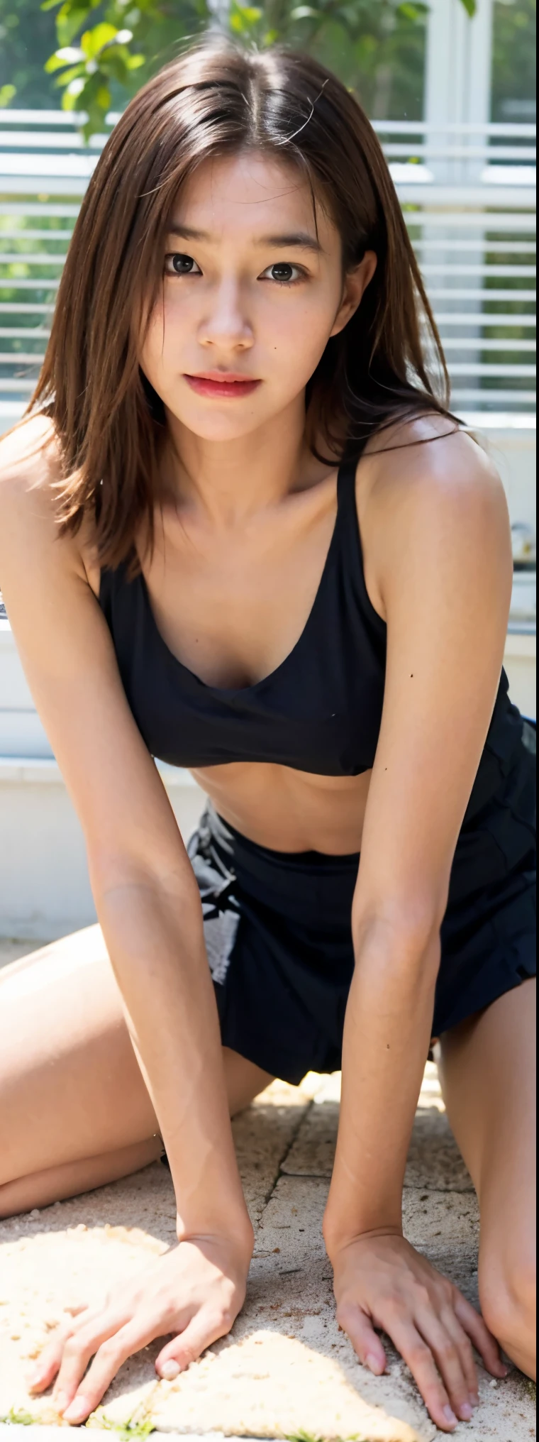 Dslr photo, (8k, 4k, masterpiece), beautiful pretty young woman, front view, sitting in chair by campfire, outdoors, looking down, (solo, 1girl), (one person),(one body), tank top, track shorts, running shorts, wide shoulders, (extraarms:1.2), (top hands on head), (bottom hands on lap), (hands together on lap), (woman with four arms)