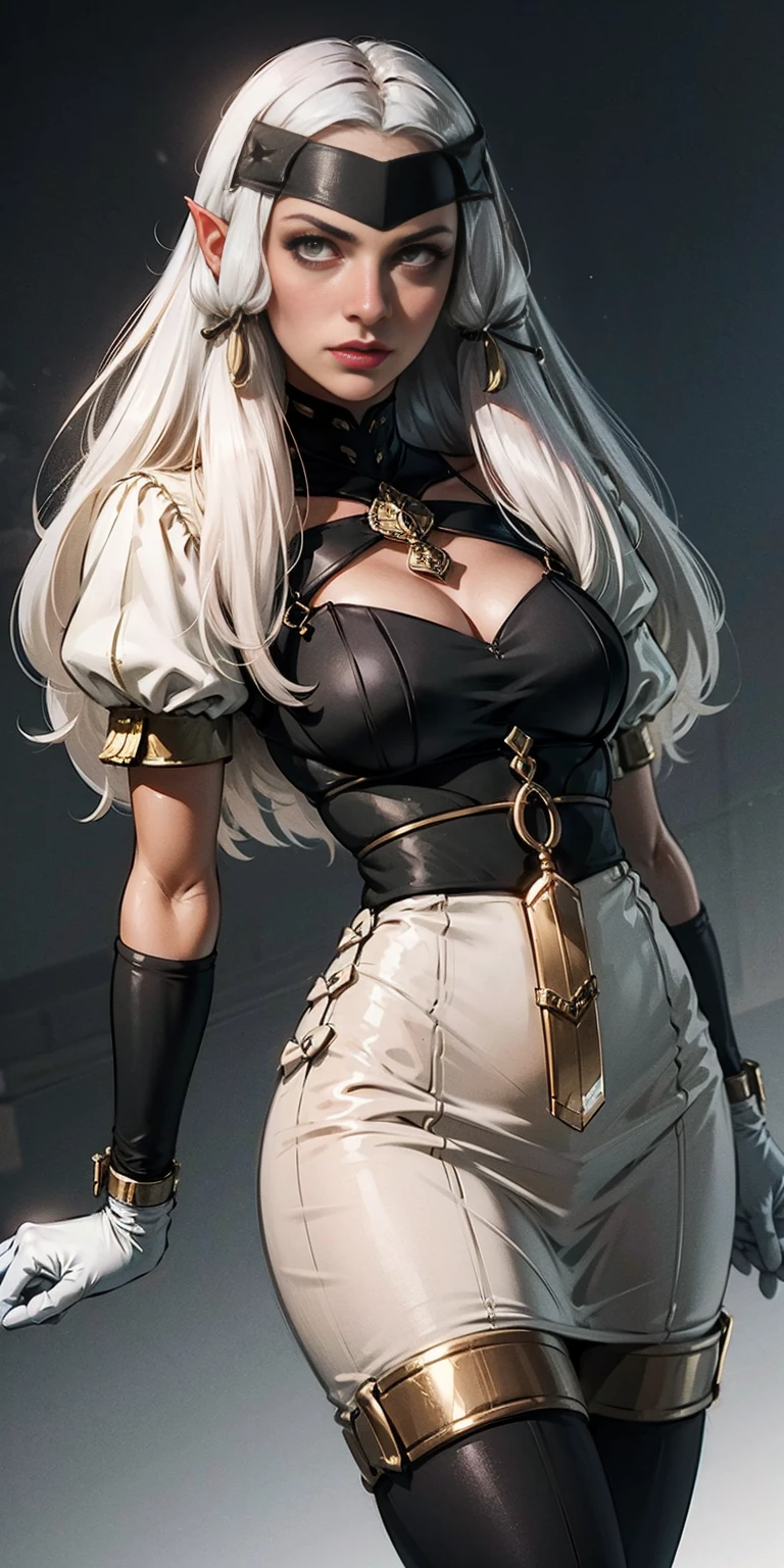 Pirotess,, (yellow eyes), white hair, silver hair, very long hair, straight hair, solo, adult woman, tall, slightly muscular, large breasted, cleavage, constricted waist, Toned body, slight abs, thin dark skin, pointy ears, lipstick, makeup, black eyeshadow,, circlet, white short dress, jewelry, bracelet, white gloves, thigh boots