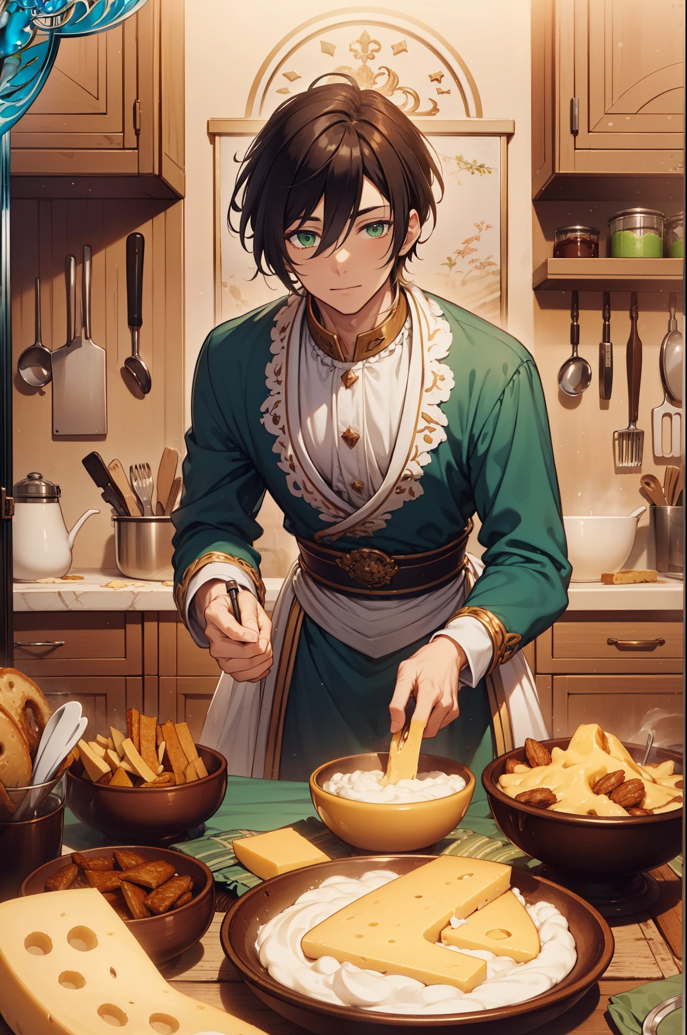 blonde hair, green eyes, white hair, (Best quality, A high resolution, Textured skin, High quality, High details, High details,Extremely detailed CG unity), (male), handsome male, Enchanted,having fun,Being in love,cheese maker in fantasy world, exquisite costumes,solo person,day, Dazzle, male, handsome, (kitchen), (in kitchen), more details, detailed kitchen scene, (holding cheese:1), cheese everywhere, cheese products, cream, cheese, blonde hair, white hair, green eyes