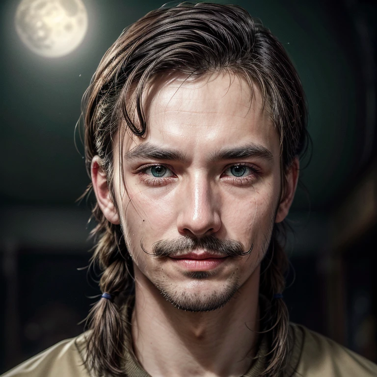 Masterpiece, best, night, full moon, 1male, mature man, man with mustache, Chinese style, ancient China, brother, royal brother, smile, dark brown hair, dark hair, mullet cut, braid, curly hair, medium hair, green pupils, hairpin, hydrangea, delicate face, face close-up.
