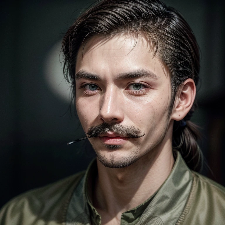 Masterpiece, best, night, full moon, 1male, mature man, man with mustache, Chinese style, ancient China, brother, royal brother, smile, dark brown hair, dark hair, mullet cut, braid, curly hair, medium hair, green pupils, hairpin, hydrangea, delicate face, face close-up.