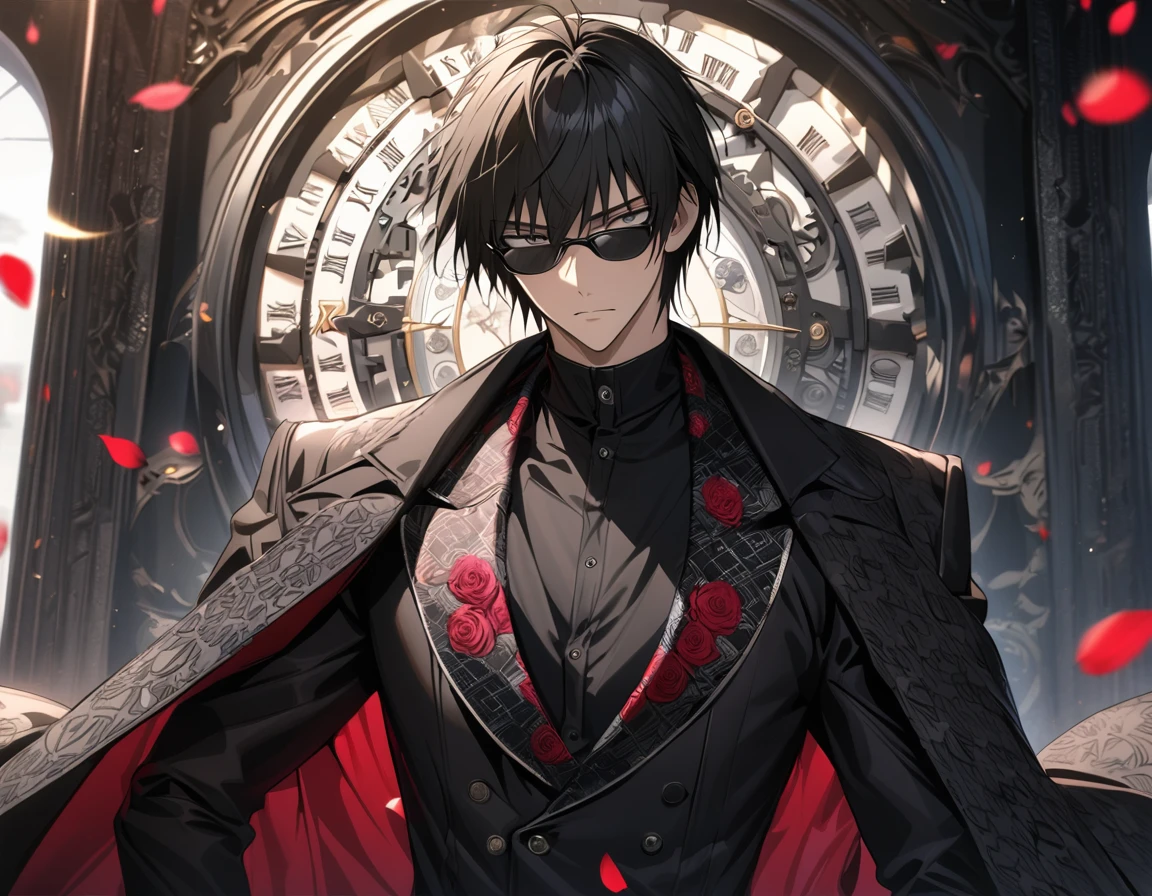 absurdres, highres, ultra detailed, HDR, masterpiece, extremely detailed face and eyes, perfect face, Wolfwood, black straight hair with bangs, expressive grey eyes, black sunglasses, Trigun, solo, sexy man, handsome, black coat, tight black shirt, patterns, pink roses, petals, in woderland, clock