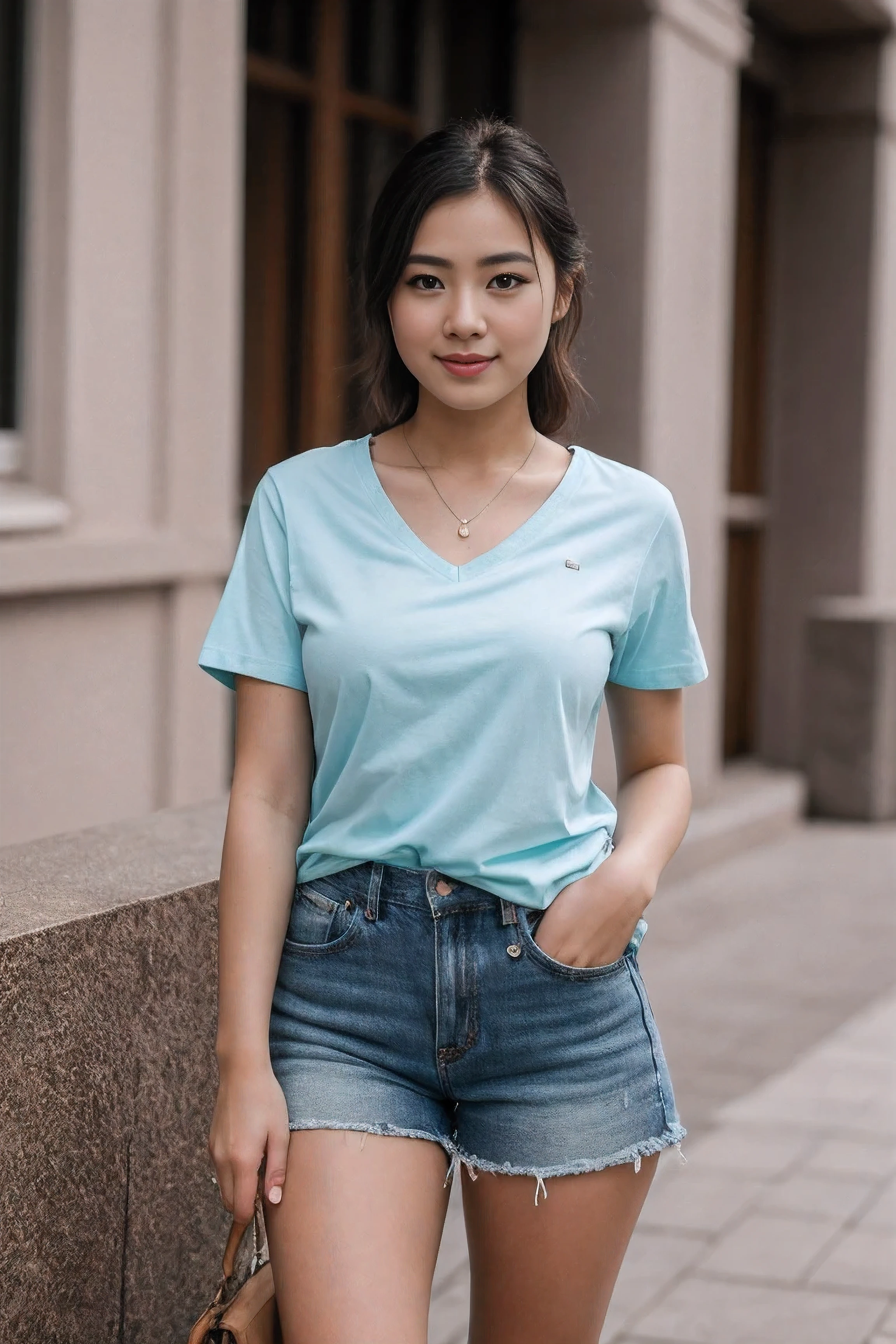 8k uhd, dslr, high quality , RAW photo, Realistic Photography , Full Body, Fujifilm XT3, Canon R5, Beautfiful Female, V-neck short sleeve t-shirt