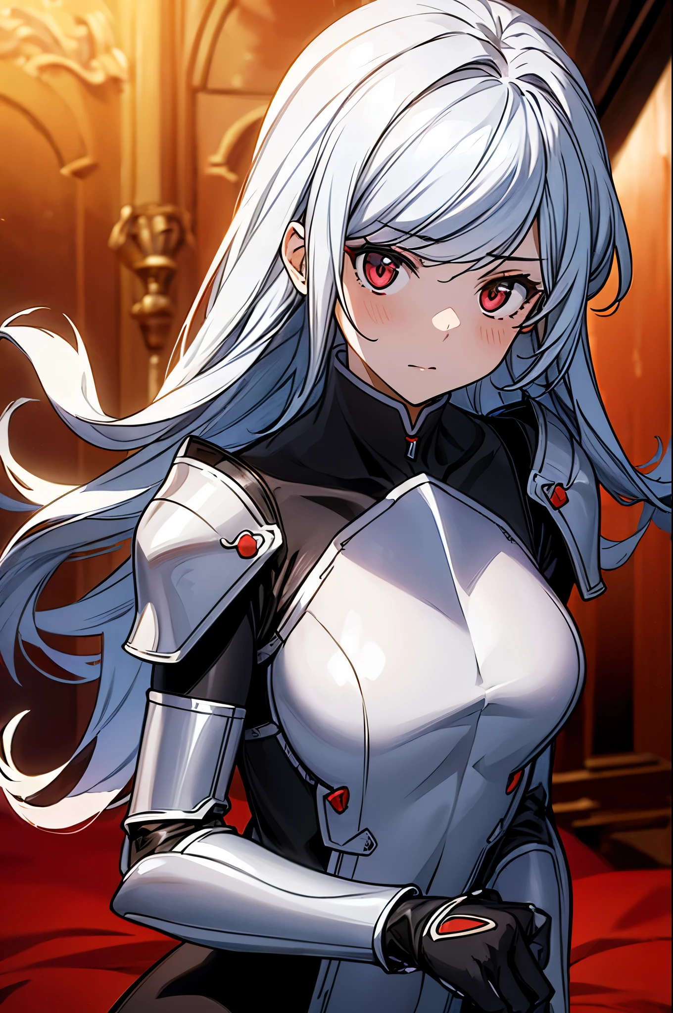 (masterpiece, best quality:1.2), expressive eyes, perfect face, highres, 1girl, solo, (female:1.5), bell cranel, long hair, white hairm red eyes, black bodysuit, armor, standing, upper body, looking at the viewer